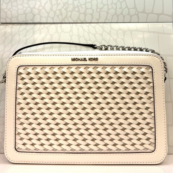 Michael Kors Jet Set Large Woven Crossbody Bag Optic White - Picture 1 of 10